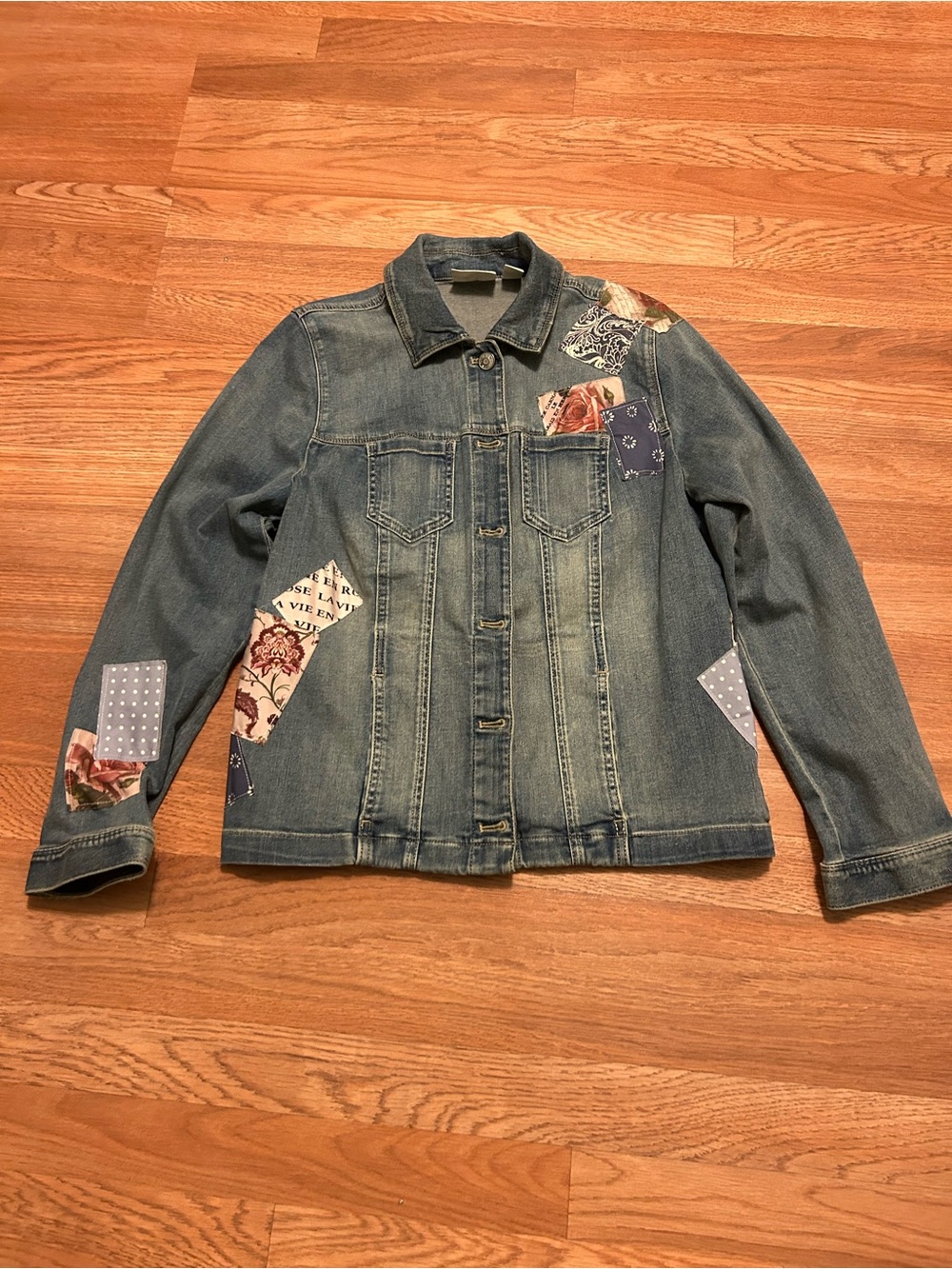 Chico's Patchwork Denim Jacket - Blue with Floral Accents Size 1